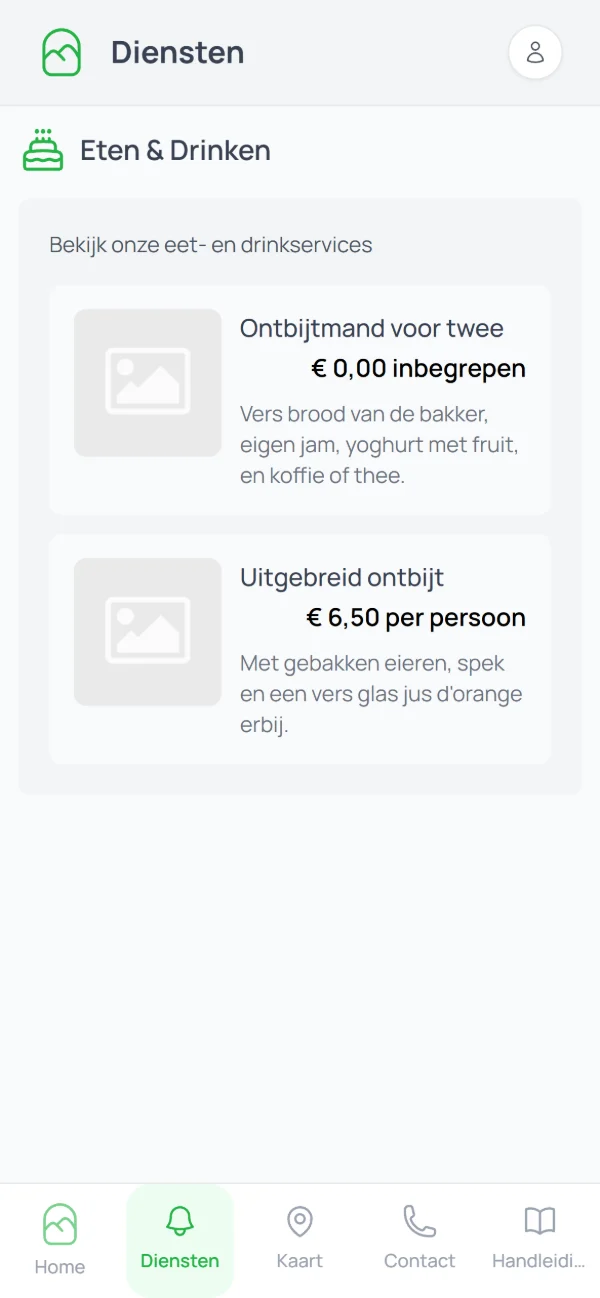 De gastenmap op de telefoon van een gast, met het ontbijt van de B&B en de prijzen